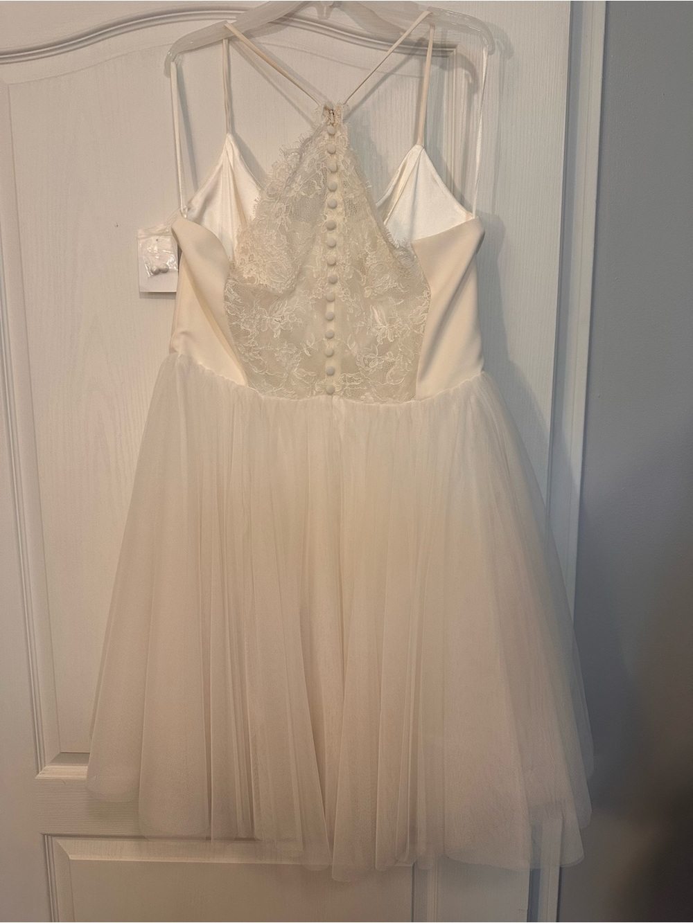 Amsale Ivory Lace Tulle Spaghetti-Strap short wedding dress